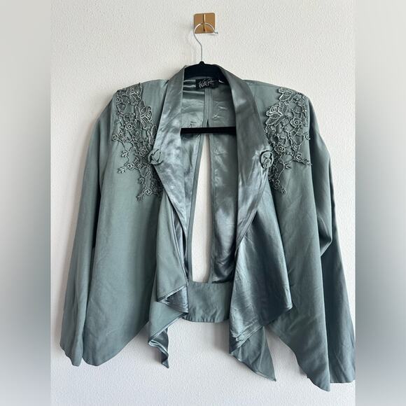 Vintage 80s Sage Green Waterfall Jacket Lace Applique Cut Out Back Size M - Picture 1 of 7